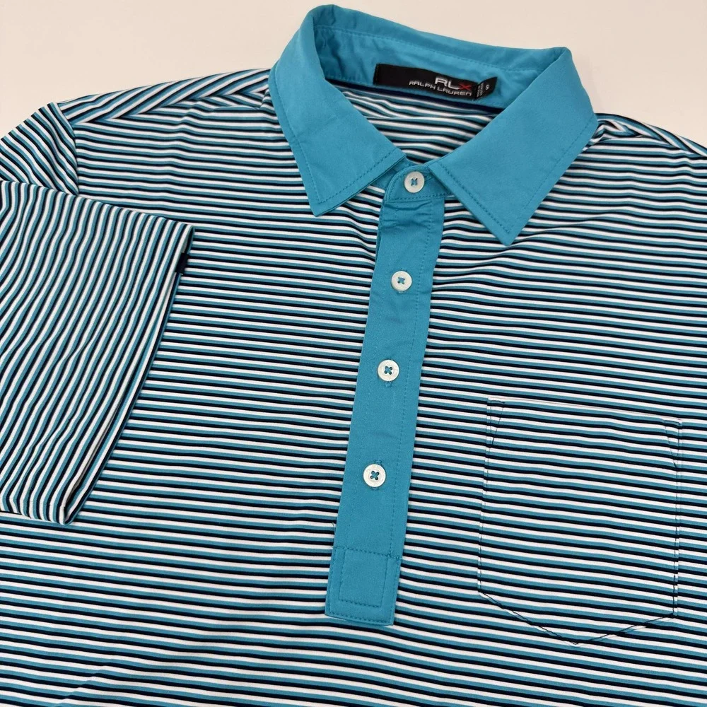 Ralph Lauren Polo Shirt Mens Small Blue White‎ Striped Stretch Golf Performance